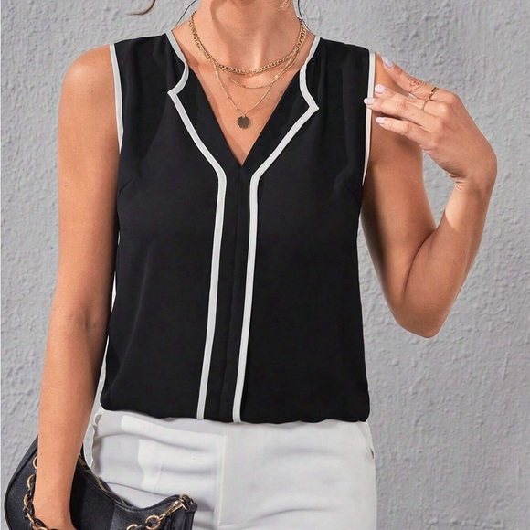 Sleeveless tank top contrast binding minimalist work wear black white - Picture 2 of 5